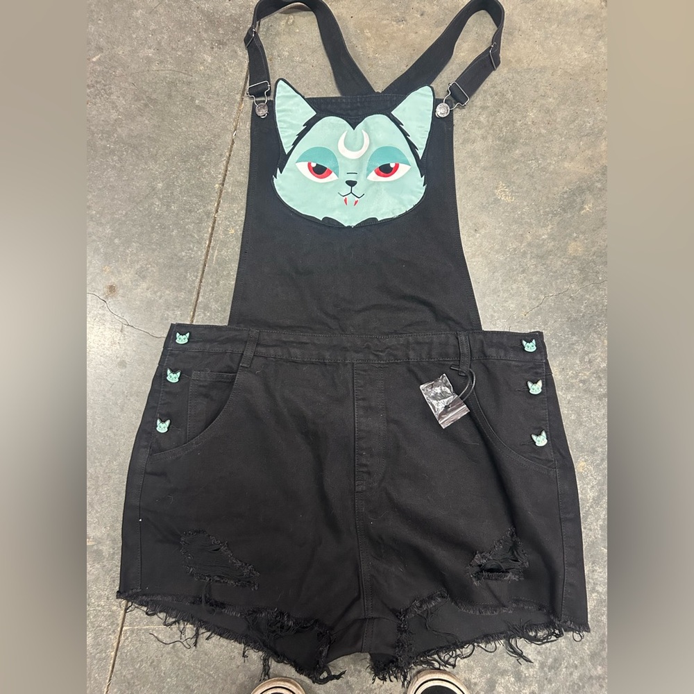 Killstar xxl vampurr mint denim black overalls shorts cute witchy vamp NEW